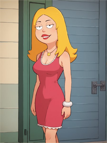 <lora:francinePony20epochs:1> francine,flat color,  blonde hair, 1girl, long hair, white braclet, breasts, solo, necklace, cleavage, pink dress, dress, red lips, standing,looking at viewer,fit,  breasts,   score_9, score_8_up, score_7_up, score_6_up, score_5_up, score_4_up