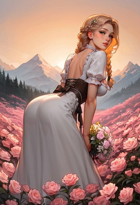 safe_pos, safe_pos, score_9, score_8_up, score_7_up, score_6_up, score_5_up, score_4_up, Expressiveh, 18 year old girl, cute innocent girl, petite, slender body, large perky round breasts, ((freckles)), ((full pouty lips)), slim legs, braided BLONDE hair, 2braids, fully clothed, wearing <lora:dirndl-ponyxl-lora-nochekaiser:1>, ((red and white)) dirndl, german clothes, waist apron, long skirt, ((white blouse)), ((brown corsett)),

1girl, bending over, ass up, holding bouquet of flowers, meadow of ((pink)) flowers, back view, low angle, from behind, focus on ass, looking back over shoulder at viewer,

outdoor, high in the swiss alps, on a mountain, mountain side, steep grassy hill with pink flowers, sunset, sunny weather, warm golden hour light, long shadows