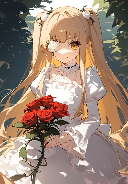 1girl, 
kirakishou,  
dress, rose, yellow eyes, blonde hair, eyepatch, very long hair, plant, frilled shirt collar, holding flower, red rose, red flower, white dress, two side up, frilled sleeves, vines, v-shaped eyebrows, frills, smile, >:\), juliet sleeves, closed mouth, puffy sleeves, frilled dress, 1011ta fashion, solo, long hair, long sleeves, flower over eye, blunt bangs, cowboy shot, flower, holding, gothic 1011ta, looking at viewer, frilled choker, choker, sidelocks, tsurime, 
masterpiece, newest, absurdres, safe
 <lora:a31_style_koni:1> <lora:2080ti_ag31_kirakishou-000055:1>