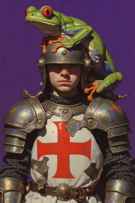 This is a highly detailed digital illustration of a medieval Templar knight in full attire, with an avant-garde twist. Perched on the knight's polished, traditional helmet is a giant, colorful *Panamanian golden frog*, adding a whimsical, surreal element to the scene. The frog has vibrant green skin, large, expressive red eyes, and orange webbed feet, creating a striking contrast with the knight's armor. The Templar's armor combines classic medieval design with avant-garde innovation—sleek, angular plating, holographic accents that shift colors, and flowing, non-traditional elements. The armor gleams with silver and gold tones, capturing the light in a way that emphasizes its futuristic reinterpretation. Beneath the armor, the knight wears a tunic featuring the red cross emblem, which is reimagined in abstract geometric patterns that blend seamlessly with the armor. His posture exudes confidence and strength, with a sense of elegance and mystery, embodying both historical valor and cutting-edge innovation. The background is a rich, deep purple, which contrasts dramatically with the frog on the knight's helmet and the reinterpreted armor. The soft, even lighting brings attention to the glossy textures of the frog's skin and the intricate detailing of the armor, highlighting the fusion of the past and future. This artwork blends fantasy, medieval realism, and avant-garde design, resulting in a visually striking, imaginative masterpiece.