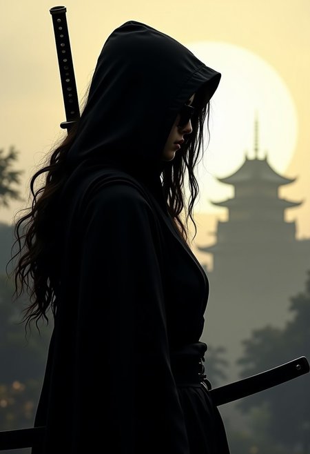silhouette art, japanese female assassin, long hair, black robes, hood, a katana slung over her back, viewed from the side, silhouetted, chiascuro, light hitting one side of her face, edu-era traditional japanese castle in the background