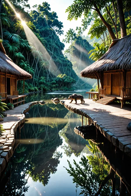 photo, photography, Fujifilm XT3 Viltrox, ((very detailed)), sharp focus, sharp background,  best quality, beautiful landscape, rainforest, jungle, sacred earth, stream, water ripples reflections, (small river pond), rainforest, hut, tribal amazon village, stunning nature environment, (bright sunny sky), high contrast, cinematic (lights), backlight, shadows, lens flare, vibrant colors, colorful, Gold Pink flowers and leaves,  <lora:add-detail-xl:1>  <lora:Better Blur Control:1>