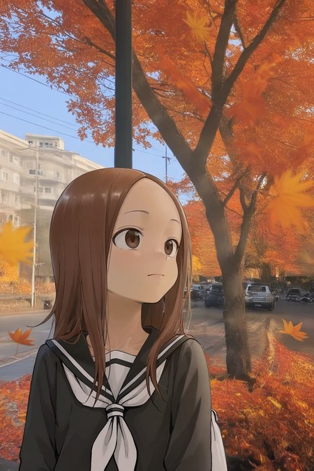 1girl, takagi, Karakai Jouzu no Takagi-san, autumn, falling leaves, looking away, deep in thoughts, closed mouth, head to the side, photo background, realistic background, masterpiece, best quality, good quality, newest, very aesthetic, absurdres