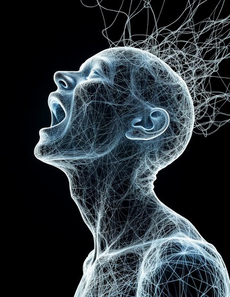 Composition and Focal Points:

Subject Focus: The artwork centers on a human head and shoulders depicted entirely through a complex web of thin, white, glowing lines against a pitch-black background. The head is tilted upwards with the mouth open, suggesting an expression of anguish, despair, or catharsis.
Wireframe Design: The subject is constructed from what appears to be a wireframe or filament structure, giving it an ethereal, almost holographic appearance. The chaotic intertwining of lines adds depth and texture.
Directionality: Lines radiate outward from the face, especially around the mouth, emphasizing a sense of vocal projection or energy escaping the figure. These radiating lines appear taut, as if being pulled or stretched.
Artistic Style:

Digital Abstraction: The piece has a distinctly digital and conceptual aesthetic, resembling 3D modeling or digital sculpting with a focus on abstract representation.
Futuristic and Surreal: The wireframe structure and glowing lines evoke a futuristic, surreal atmosphere, blending human form with technological elements.
Color Palette:

Monochromatic Scheme: The color palette is a mix of stark whites and muted blues for the lines, contrasted sharply with the black background. This limited palette creates a striking and dramatic visual effect.
Luminescence: The lines have a subtle glow, adding an otherworldly, spectral quality to the figure and making it stand out from the void-like background.
Lighting and Tonal Qualities:

Inner Glow: The glowing lines create their own light source, negating the need for external lighting. This self-luminescence enhances the sense of an isolated, self-contained energy.
Contrast: The stark contrast between the bright filaments and the void-like black background gives the image a high-contrast and dynamic quality, amplifying its intensity.
Textures and Patterns:

Wireframe Filament Texture: The figure is composed of chaotic, intersecting lines, creating a dense and intricate texture. The overlapping lines create areas of varying density, forming the illusion of shadow and light within the structure.
Organic and Chaotic Patterns: Although the wireframe structure is geometric, its chaotic arrangement gives the figure an organic, fractured appearance that suggests both fragility and complexity.
Mood and Atmosphere:

Tension and Struggle: The taut, radiating lines emanating from the face and mouth create a sense of tension, as though the figure is caught in an invisible web or trying to break free.
Technological Isolation: The mechanical, wireframe nature of the subject evokes themes of being trapped or constructed by technology, suggesting a fusion of human emotion and artificial constructs.
Existential Despair: The upward tilt of the head and open mouth evoke themes of anguish, desperation, or an attempt to communicate or escape, giving the image a deeply emotional and existential tone.
Symbolism and Themes:

Fragmentation of Identity: The fragmented, chaotic wireframe construction may symbolize a loss or disintegration of the self, reflecting themes of vulnerability or existential crisis.
Technological Entanglement: The digital, filamentary nature of the figure suggests humanity’s entanglement with technology, where emotions and identity are caught in an artificial web.
Expression of Energy: The radiating lines around the mouth symbolize the release or loss of energy, emotion, or life, as though the figure is unraveling or being deconstructed.