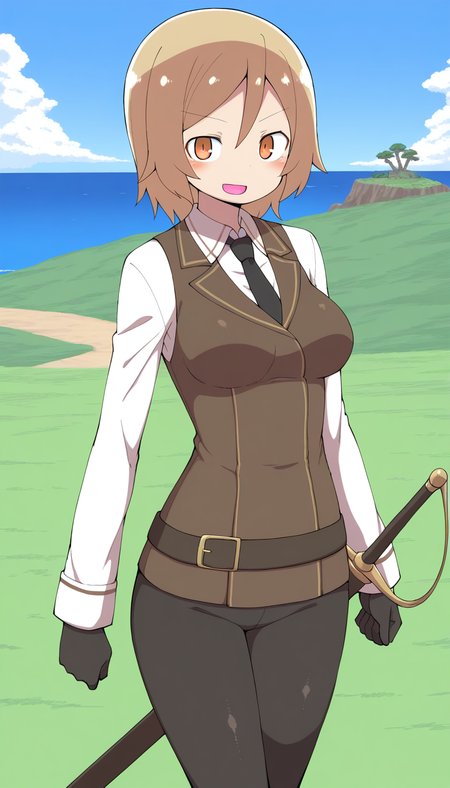 general,highres, ultra-detailed,very aesthetic,best quality ,best hands,  BREAK  <lora:Moka_margaret_IS:1>Moka_margaret, 1girl, short hair, blonde hair, brown hair, orange eyes, breasts,
solo, gloves, necktie, black gloves, weapon, black necktie, vest, long sleeves, shirt, open mouth, sword, sheath, smile,
cowboy shot, collared shirt, white shirt, pants,  looking at viewer, sheathed, arms at sides, standing, bangs, pantyhose, brown vest, black pants,
island, grass,