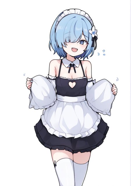 1girl,:d, apron, black dress, blue eyes, blue hair, breasts, cleavage, cleavage cutout, clothing cutout, detached collar, detached sleeves, dress, flower, hair flower, hair ornament, hair over one eye, hair ribbon, heart, heart pillow, holding, holding pillow, looking at viewer, maid, maid headdress, medium breasts, open mouth, pillow, ribbon, ribbon-trimmed dress, roswaal mansion maid uniform, short hair, smile, solo, thighhighs, waist apron, white apron, white background, white thighhighs, x hair ornament <lora:Pearl.G.E:1>