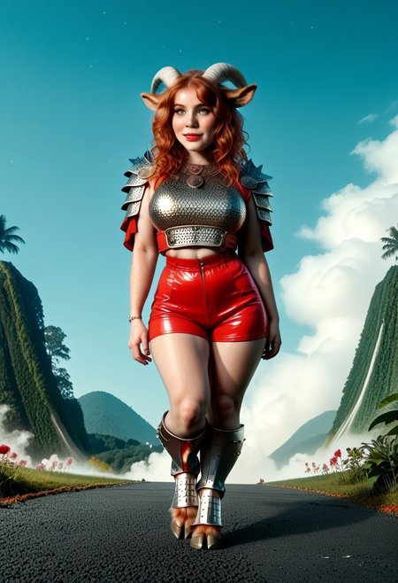 A 35mm photo of a petite beautiful 25 year old redhead , pretty human face, green eyes, freckles, goat fur all over her body, walking on a crushed gravel path in a misty ancient temple, she is surrounded by pretty wildflowers, petite round hips, soft flat tummy, soft curvy petite thighs,  very busty petite woman, wearing a red goat armor, she is a goat woman, goat fur covering all of her skin, digitigrade goat hooves, goat ears, purple armor, red crystal in armor, goat armor, gloss. goat tail, her arms have become goat arms, full leather scale armor, yellow goat eyes, armor shorts