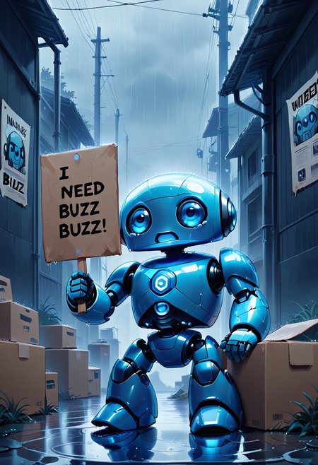 (score_9, score_8, score_7), masterwork, masterpiece, best quality,
a small blue robot sitting on the ground in an alley, holding a cardboard sign that says "I need buzz". The sign is handwritten in clear black marker. The robot looks sad and lonely. Background: narrow wet alley, cardboard boxes, torn posters, cinematic lighting.,CivBot, blue robot, buzz, raining, rain, wet,  screaming, open mouth, crying with eyes open