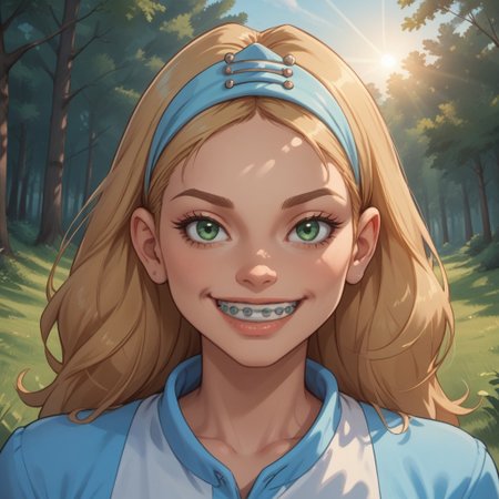 score_9, score_8, BREAK, solo, Sharon_Spitz_(Braceface), long hair, blonde hair, green eyes, blue hairclip, silver braces, blue crop top, midriff, navel, blue denim jeans, sandals, self portrait, smile, looking at viewer, outdoors, sunlight, shadows, evening lighting, natural lighting, forest, trees, grass, orange sky, sunset