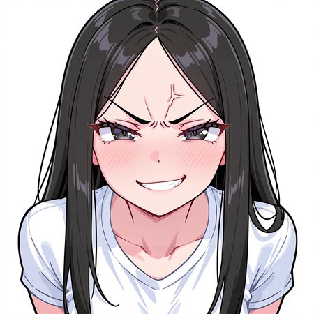 masterpiece,best quality,amazing quality, BREAK, 1girl, black hair, long hair, white shirt, angry, seductive smile, looking at viewer, white background <lora:SorakaLoLLXL:1>, (solo), front view, upper body, EmoteStyleILXL <lora:EmoteStyleILXL:1>