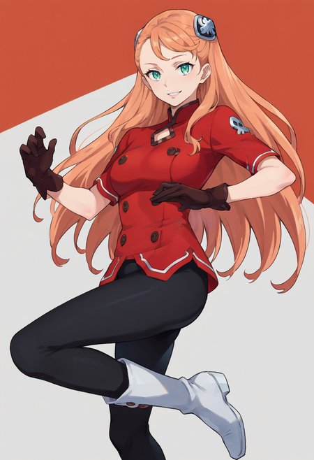 score_9,score_8_up,score_7_up,anime coloring BREAK source_anime,anime,<lora:Aida_Rayhunton:0.8>,aida,1girl,solo,green eyes,hair ornament,orange hair,long hair,red shirt,black pants,gloves,boots,smile,dancing,multicolored background,looking at viewer,