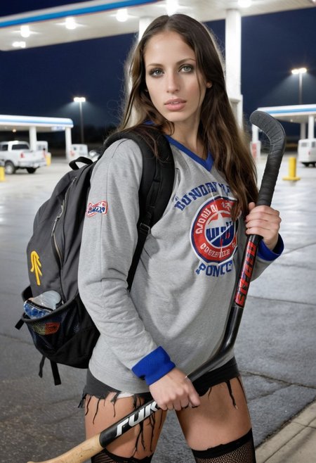 score_9, score_8_up, score_7_up, realistic photo, beautiful, detailed face, pretty face, caucasian female 20 year old, brunette, long hair, grey eyes, , detailed eyes, apocalypse survivor, holding hockey stick in left hand, wearing back pack, ordinary face, detailed skin, trashy, ripped pantyhose, hot pants, dirty, tired, smokey eye makeup, parking lot at gas station, night