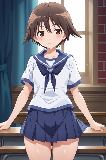 score_9, score_8_up, score_7_up, source anime, prefect lighting, very aesthetic, BREAK, anime coloring, anime screencap,
<lora:yoshika.pony:1>, yoshika, wide hips, thick thighs, school uniform, solo, serafuku, 
BREAK, looking at viewer, blush, smile,  skirt, 
BREAK,