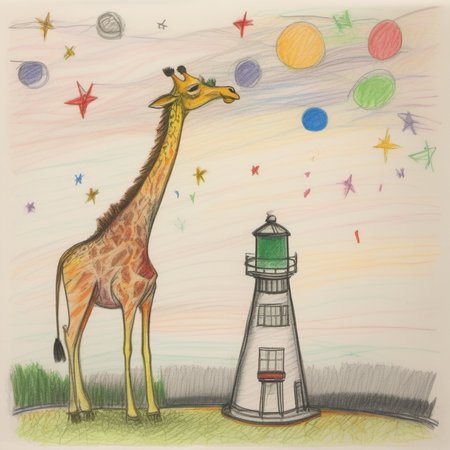 A giraffe with a telescope, gazing at stars from the top of a lighthouse
 <lora:crayons_v1_sdxl:1>