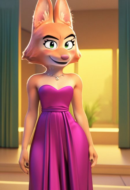 zPDXL, score_9,score_8_up,score_7_up,_up,source_cartoon, best quality, amazing quality, masterpiece, 1girl, looking at viewer, solo, fullbody, cute, blush, smile, diane foxington,  green eyes,  orange fur,  fox girl,  jewelry, indoors, room, plant, big booobs, pink dress, bare shoulders