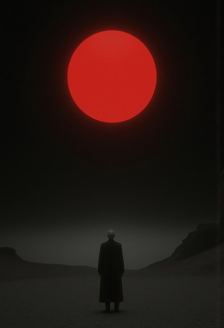 pure black ground,a pure red moon in the sky,no clouds,just some floating smoke