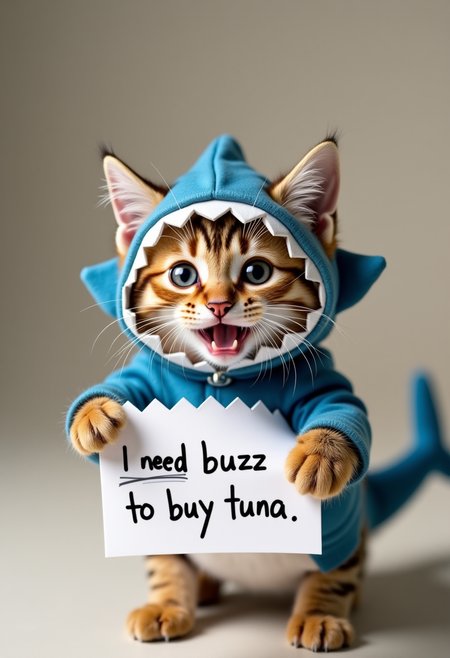 Cute little cat, shark outfit, playfull, happy,  cuteness overload,  holding a paper written "I need buzz to buy tuna", masterpiece, small centered composition, product shot,  wallpaper art, Rule of Thirds, delicate,lovable, tiny, best, dynamic composition, magnificent, intense, perfect background.