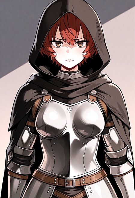 masterpiece, best quality, amazing quality, <lora:yuugiriil:1> 1girl, red hair, brown eyes, short hair, medium breasts, full armor, black cape, hood up, upper body, looking at viewer, furrowed brow, frown,