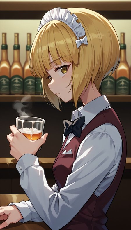 score_9, score_8_up, score_7_up, source_anime,
Cutlass _Girls_und_panzer, 1girl, blonde hair, brown vest, short hair, maid headdress, long sleeves, yellow eyes, white shirt, looking at viewer, blunt bangs, dress shirt, bartender, closed mouth, black bow, wing collar, black bowtie, from side, holding cup, handkerchief, steam, school uniform, sitting, light frown, mug, upper body, bob cut, blurry background
<lora:Cutlass:1>