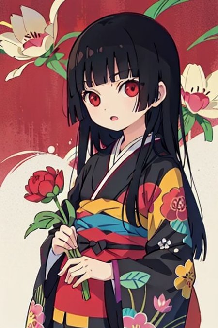 enma ai, hair down, hair black, bangs, eyes red, masterpiece, best quality, ultra-detailed, illustration, 1girl, solo, highres, photorealistic, ultra high res, (Original illustration composition), (fusion of limited color, Maximalism artstyle, kimono obi fashion, double exposure, background, illustration, Amazing, lily spider, night darkness, open one's mouth, finger, flowers red, (polychromatic peony:1.15), Movie poster,