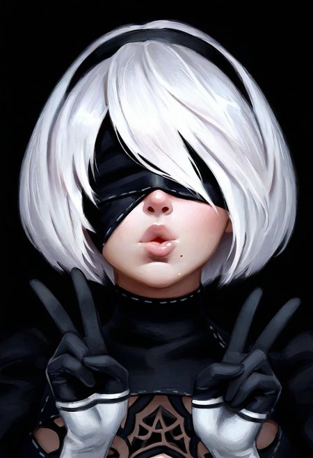 zeb1jy,  masterpiece, semi-realism,  best quality, solo,                                 2B (Nier Automata), white hair, blindfold, faceshot, choker, double v, tongued, puckered lips,