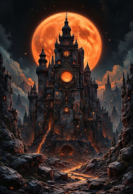 A graphic illustration, black and white, of a mountain landscape and the colosseum with a brilliant orange Moon, Halloween Theme. d1eselc0re  gl1tchc0re scenery aidmasoftglow
