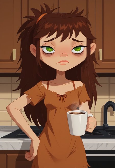 score_9, score_8_up, score_7_up, 1girl, solo,
 brown hair, green eyes, hair down, long hair, 
 perfect hands, show accurate, perfect anatomy, med body,
indoors, small perky breasts, kitchen, hand on hip, loose clothing, wear only nightgown, holding a cup of coffee in hand, sleepy eyes, bags under eyes, loose clothes,