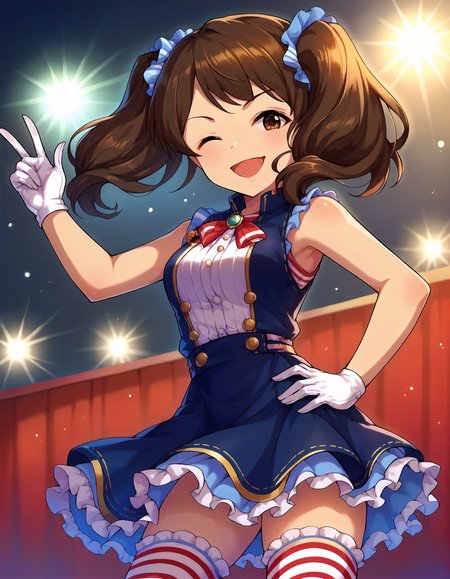 score_9,score_8_up,score_7_up,1girl,solo,cowboy shot,looking at viewer,smile,wink,open mouth,hand on hip,stage lights,
<lora:nagatomihasumi_ponyXLV6:0.8>,cgnhs,
brown hair,twintails,brown eyes,
sleeveless,white gloves,blue skirt,frilled skirt,red striped thighhighs