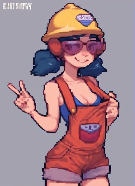 score_9, score_8_up, score_7_up,   <lora:bsjacky:0.9> bsjacky , 1girl, solo, flat chest , smile, medium breasts,   cleavage, twintails, blue hair, orange overalls  , low twintails, sunglasses, helmet , red overalls,  ,  <lora:pixel:1> pixelart