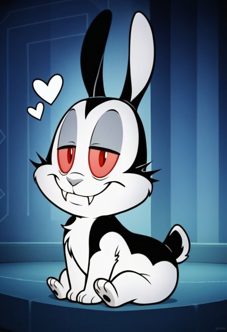 score_9, score_8_up, score_7_up, tail, solo, male, solo male, bunny, rabbit, bunnicula, pink sclera, red eyes, colored sclera, black and white fur, cheek tuft, grey nose, scut tail, fangs, shortstack, chest tuft, chibi, fur markings, chest tuft, cute, looking at viewer, sitting, barefoot, featureless chest, head tilt, curious, shy smile, masterpiece, extreme detail, 4k, realistic, shading, psychedelic background, pattern background, full-length portrait, Perfect Hands, 5 fingers, perfect paws, perfect lighting, zPDXL3, Expressiveh, light and shadows by reij-shdwgms, vampire, spooky, heart