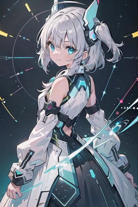 (masterpiece), (science fiction:1.4), 1girl, her back turned, smile, silver hair, aqua eyes, headgear, long sleeves, detached sleeves, glowing energy clothing, light particles