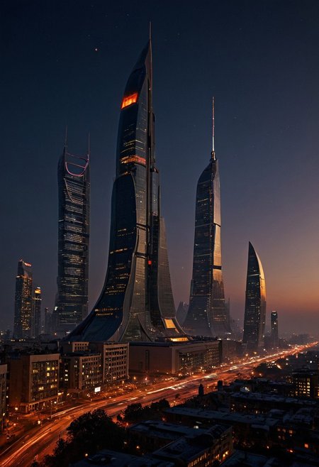 ultra HD, high quality, 4K, score_9, score_8_up, score_7_up, (masterpiece), (best quality), (ultra-detailed), realistic,  masterpiece oil painting, landscape of Colossal Futuristic Buildings, Incredibly huge futuristic buildings that can be seen from almost anywhere in the city, a large   skyline, (at Night),  Moebius art style