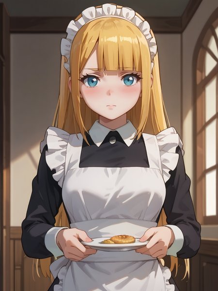 score_9, score_8_up, score_7_up, score_6_up, score_5_up, score_4_up, source_anime,,cinematic shadow, character focus, detailed skins, perfect curvy medium breasts,(cowboy shot:1.4),body blush,<lora:StS_PonyXL_Detail_Slider_v1.4_iteration_3:4>,  <lora:Tuareninya_Veyron__Overlord_:1>,tuareninya,long blonde hair,straight hair,bangs,blunt bangs,blue eyes,tuareninyamaid,maid,maid headdress,frilled white maid apron,frills,black long sleeves dresss,standing, expressionless, sey pose