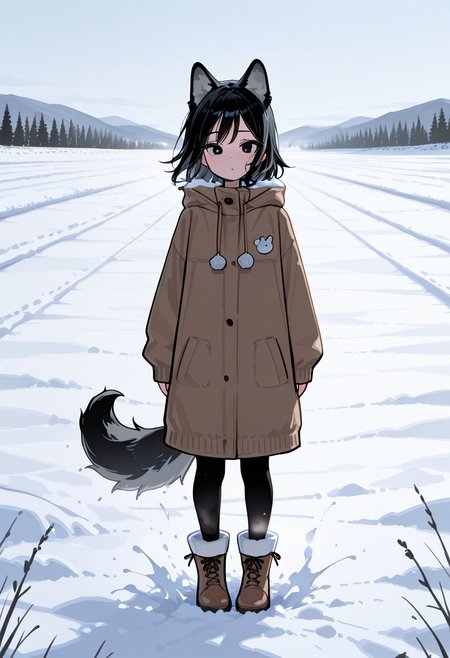masterpiece,best quality,amazing quality,  1 woman 25yo, in a snow field, black hair, wolf ears, wolf tail (flat cute color 0.9), thick clothes