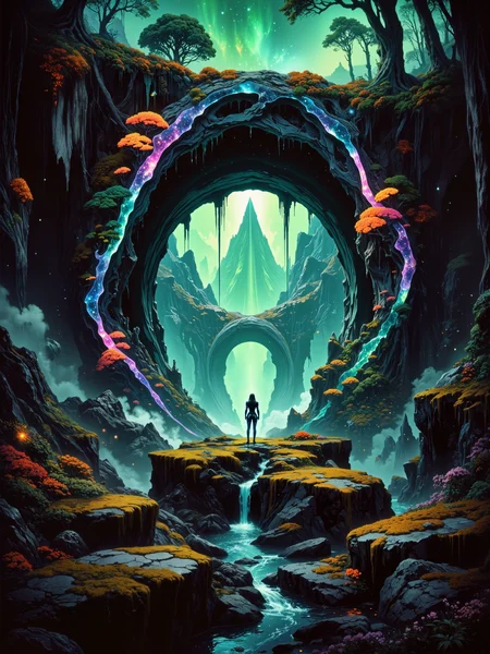 famous artwork inspired by gustave dore and jules breton and jeff laubenstein, science fiction, highly detailed, hyper-realistic, ultra-high-resolution, movie poster style, extraterrestrial jungle landscape under a galactic nebula at night, dark corners, dim lighting, very aesthetic and atmospheric, highly detailed environment, strange and otherworldly, masterful use of light and shadow, grand composition, epic, fractal patterns in the plants and arch, the central focus is an immense, overgrown rock arch covered in lush jungle vegetation and glowing mineral veins in the middle ground, its sheer size and intricate details commanding attention, the arch is draped in jungle trees and exotic flora, gnarled roots and ancient vines cascading over its edges, delicate moss and bioluminescent flowers clinging to its surface, shimmering softly in the moonlight, veins of glimmering minerals run through the archâs rugged stone sides, where it isn't fully covered in plants, the veins are refracting the dim light into color gradient hues, as if the rock itself is infused with cosmic energy, creating an enchanting interplay of light and texture, the archâs curvature frames the sky beyond, its towering silhouette adding a dramatic focal point to the composition, a female galactic explorer in a form-fitting dark bodysuit wearing a large futuristic jetpack stands on a moss-covered rock ledge, gazing in wonder at the scenery, the foreground is rich with wondrous extraterrestrial flora, various patches of tiny colorful herbs, a few bushes carrying berries and moss, a tranquil river winds through the valley, reflecting the night sky and arch, scattered fireflies drift lazily through the air, distant mountains fade into a soft atmospheric haze, their silhouettes blending seamlessly into the dreamlike expanse, the composition is perfectly balanced, the lone woman adding a human element to the vast, surreal landscape, the use of light is masterful, with deep contrasts between the nebula sky and shadowy rock formations, the entire scene exudes a sense of tranquil wonder and cosmic mystery, a dreamlike untouched primordial world, the image is rendered in ultra-detailed cinematic realism, inspired by fantasy and science fiction art, blending elements of classical landscape painting with futuristic elements, richly textured materials, volumetric lighting, a sense of endless exploration and infinite possibility, light beige and sea green and sunset orange and imperial purple and scarlet and navy blue, ovg, arsmoviestill, dndgr41nyb0yz style, <lora:image_enhancer-flux-by_dever:0.8> <lora:style-80s_fantasy_movie-v3-flux-by_arsmachina:0.92> <lora:style-dnd_grainyboyz-romulus-flux-by_kimwithdapuss:0.48>