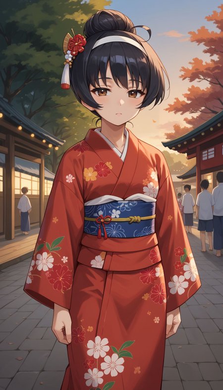 score_9, score_8_up, score_7_up, score_6_up, , solo, 20yo woman, (Beuty:1.1) , (cute:1.3),  half-closed eyes, outdoor, firework, japan festival, 
 <lora:Mako Reize:1>, Reize Mako, 1girl, japanese clothes, hair up, alternate hairstyle, black hair, yukata, reizei mako, sash, hair ornament, obi, red kimono, brown eyes, white hairband, ahoge, floral print, standing, single hair bun, long hair