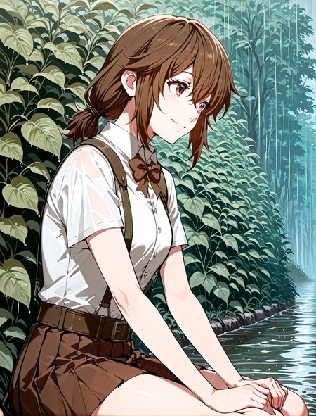 <lora:Eleanor_Leywin__The_Beginning_After_the_End__Illustrious:1>
1 girl, solo, brown hair, brown eyes, bangs, small breasts
low ponytail, twintails, hair between eyes, sidelocks, white shirt, collared shirt, shirt tucked in, suspenders, short sleeves, brown pleated skirt, miniskirt, hair tie, belt, brown bow
score_9, score_8_up, score_7_up, very aesthetic, source_anime, detailed, high quality, beautiful, detailed eyes, masterpiece, best quality, absurdres, perfect anatomy, 1girl, solo, wariza, sitting, hands on own knees, garden background, charming smile, rain, <lora:iLLMythG0thicL1nes:1>