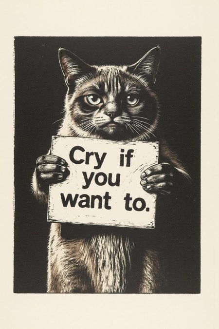 kako1 black and white woodcut print.  Grumpy Cat holding a sign that says "Cry if you want to".  <lora:kako3_woodcut_cap_d6a3e11:1.0><lora:817643086315402601:0>
