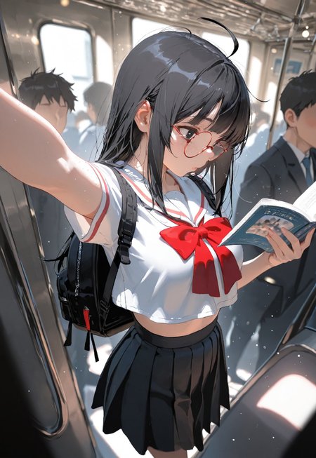 (reading book:1.5))

1 girl,medium breast,long hair,(curtain bangs:1.3),(black hair:1.3), (black eyes:1.1),asian_japanese,ahoge,(light freckles:1.2),red rimmed round glasses

(White crop top sailor school uniform,black skirt,side japanese backpack:1.5),((inside train, crowded train,faceless crowd:1.5)

sparkling effects,(Bokeh around character:1.3),(character focus:1.2),((dynamic pose:1.4)),((foreshortening:1.5)),((extreme perspective:1.4)),((dynamic angle:1.3)),((negative space:1.3))

Cunnystyle,Smooth_Quality,amazing quality, ((aesthetic:1.3)),(no line art:1.3),((4k,8k,Ultra HD)),((Masterpiece :1.2)),((Best quality :1.2)),((Detailed :1.5)),((Detailed background :1.5))