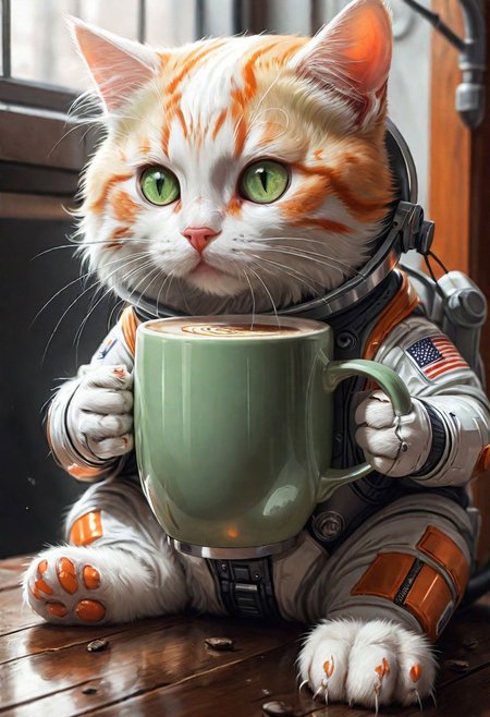 photo-realistic,
higly-detailed,
cat wearing a futuristic space suit,
serious expresssion
a orange and white kitty sipping a mug of hot coffee holding it with it's two front paws,
tipping the mug to drink it,
light green eyes,
