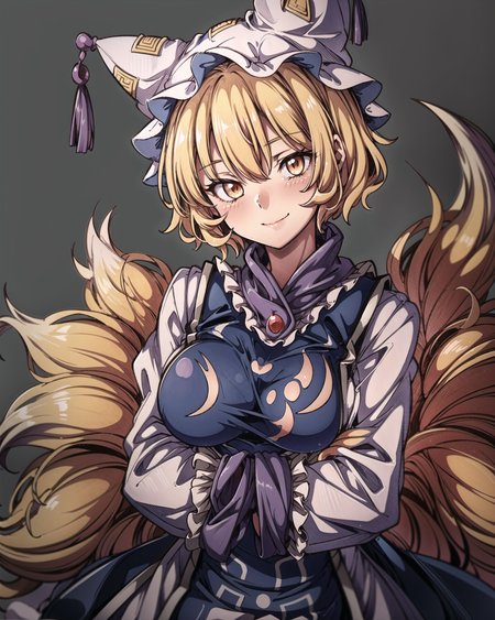 <lora:ran:1>,1girl, yakumo ran, hat, solo, blonde hair, fox tail, tail, breasts, grey background, no headwear, tabard, short hair, blush, upper body, yellow eyes, multiple tails, large breasts, looking at viewer, simple background, long sleeves, white dress, hands in opposite sleeves, dress, hair between eyes, wide sleeves, bangs, frills, smile, frilled shirt collar, closed mouth, frilled sleeves, head tilt, kitsune, own hands together, arms under breasts, standing, breast hold, shiny, (kbxll:0.6), masterpiece, best quality, <lora:add_detail:1>, <lyco:FE14 Style:0.6>