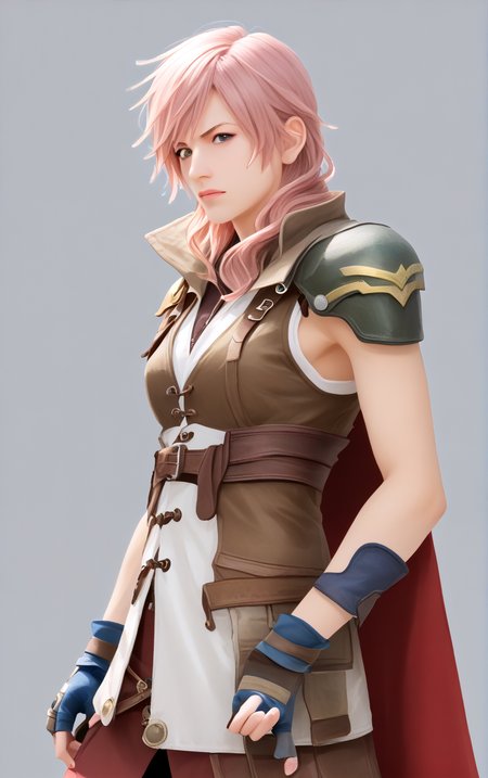 <lora:ffxiii_lightning_ponyXL:1> lightningfarron, sleeveless jacket, shoulder armor, cape, fingerless gloves, skirt
transparent background
 <lora:noline:1>