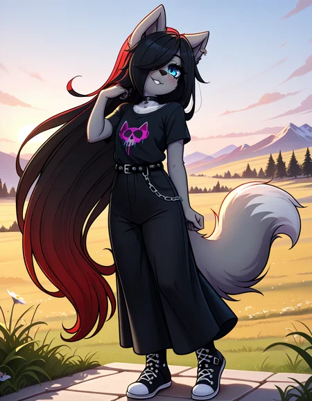 masterpiece, best quality, very aesthetic, absurdres,
outdoors,
full body,  body, standing, posing, 
goth fashion, 
 seductive smile, parted lips, long eyelashes,
<lora:Kayla_Kitsune_v01_NAIXL:1>
K41l4,1girl,solo,furry,furry female,very long hair,multicolored hair,black hair,red hair,gradient hair,hair over one eye,animal ears,earrings,blue eyes,freckles,snout,animal nose,choker,body fur,wolf tail,