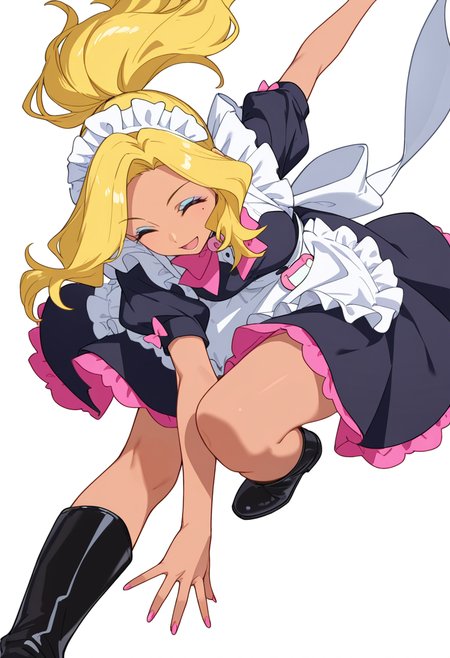 Smooth Quality,masterpiece,very intricate, high quality details, ultra realistic, high detailed skin,detailed enviorement,absurdres,
 <lora:Gotou_Shino_Shiipon_CNR:0.8> gotou_cnr, blonde hair,long hair, ponytail, brown eyes, dark-skinned female, mole, nail polish, eyeshadow,gotou_maid_cnr,maid, maid headdress, maid apron,black dress, short dress,puffy short sleeves, boots, frills,pink bowtie,, simple background, white background, dynamic angle,solo,
one arm extended forward, opposite leg extended back, parallel to floor  ,, ^ ^,
