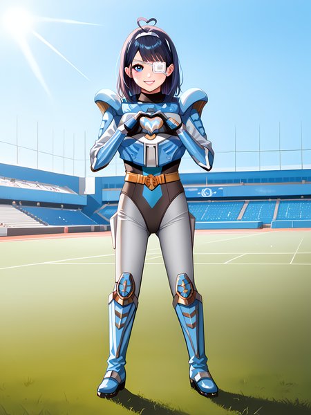score_9, score_8_up, score_7_up, source_anime, zPDXL3, zPDXLpg, , , best quality, highly detailed, ultra-high resolution, 32K UHD, sharp focus, best-quality, masterpiece, Emotionalization, golden hour, unconventional supreme masterpiece, masterful details, temperate atmosphere, with a high-end texture, in the style of fashion photography, full body, 1girl, solo, cutest, youngest, 22yo, japanese girl, akanashi_rikka, detailed face, bow, ahoge, detailed hair, hair rabbit ribbon, medical_eyepatch, detailed eyes, pink lips, detailed facial features, blush, smile, , sazerpisces, armor, black leotard, silver bodysuit, belt, gauntlets, good_hands, black gloves, heart hands, ass visible through thighs, boots, , , outdoors, playing soccer, action shot, kicking a soccer ball, athletic pose, high energy, vivid colors, stadium background, green grass field, midday sunlight, clear sky, dynamic motion, energetic expression, 4k resolution, high quality, cinematic lighting, RAW photo, best quality, masterpiece, intricate detail, highly detailed<lora:offset_0.2:0.1>,<lora:spo_sdxl_10ep_4k-data_lora_webui:1>,<lora:takanashi_rikka:1>,<lora:Sazer_Pisces_v2:1>,<lora:pony_good_hands:0.9>