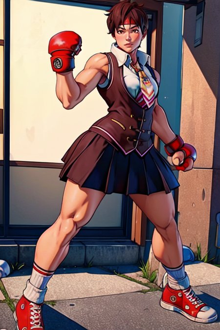 masterpiece,best quality,extreme detail,8k,<lora:sakura:0.8>,sakura2,1girl,solo,short hair,skirt,brown hair,gloves,brown eyes,school uniform,shoes,socks,fingerless gloves,vest,headband,fighting stance,boxing gloves,