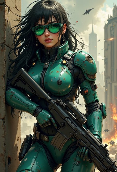 nistyle, a female space pirate. long messy hair, bangs, sidelocks, battered teal power armour,  green-tinted sunglasses, holding an assault rifle, sheltering behind a wall during a battle in a ruined, dusty city, perfect hands