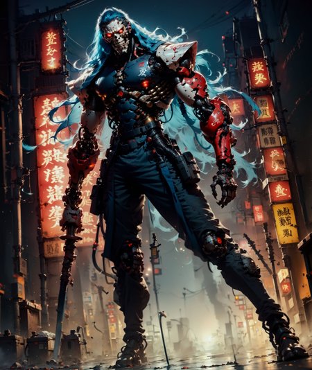 (score_9, score_8_up, score_7_up), (japanese neon lights,  cypberpunk,  japanese city,  thick lineart, sharp edges),
BREAK
dutch angle, full body, solo,  1man, red eyes,  long  hair, blue  hair, grin, japanese armor, mask respirator,  male focus, robot, cyborg , android, mechanical arms, cyborg, robot joints, mechanical parts, tube, spine, cybernetic neck, bionic torso, bionic skin,
BREAK
holding katana,
BREAK
grim, dark atmospher,  science fiction,
<lora:BioPunky:0.8>  <lora:Concept Art Twilight Style SDXL_LoRA_Pony Diffusion V6 XL:0.8> <lora:Bad_Hands_lora:0.8> <lora:add-detail-xl:0.8> <lora:sinfully_stylish_PONY_0.2:0.8>