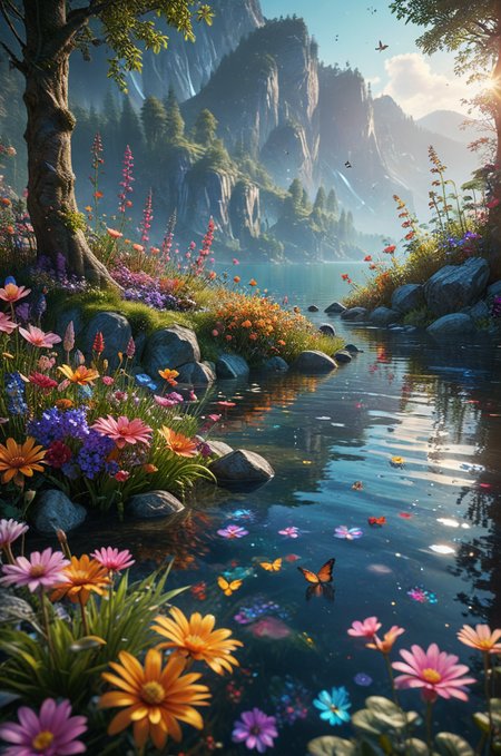 ultra realistic highly very detailed fantasy meadow, trees, grass, very realistic highly very detailed sea of colorful flowers ultra very realistic extremely highly detailed (crystal clear lake:1.6), sharp focus, ultra realistic extremely detailed (colorful butterflies:0.9), ultra realistic extremely very detailed (scenery:1.2), ultra-detailed, (by exquisite colors block),masterpiece,best quality,unreal engine 5 rendering, movie light,movie lens,movie special effects,detailed details,HDR,UHD,32K,CG wallpaper,intricate details (colorful particles:0.8) (colorful flowers:1.4), cinematic angle, magical look, fantasy setting, soft ray of light, glitter background,  <lora:add-detail-xl:2.9> , cinematic light, digital painting, hyper realistic, photo realistic, high quality textures, vivid colors, wet body