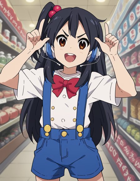 score_9, score_8_up, score_7_up, source_anime, <lora:anko-kitashirakawa-s1-ponyxl-lora-nochekaiser:1>, anko kitashirakawa, long hair, black hair, hair ornament, brown eyes, one side up, hair bobbles,, suspenders, shirt, white shirt, bowtie, red bowtie, buttons, shorts, blue shorts,, music store, browsing records, headphones, vinyl collection, nostalgic, smile, <lora:horns-pose-ponyxl-lora-nochekaiser:1>, horns pose, index fingers raised, angry, steam, open mouth, shouting, anger vein,, looking at viewer, solo,, dutch angle, cowboy shot
